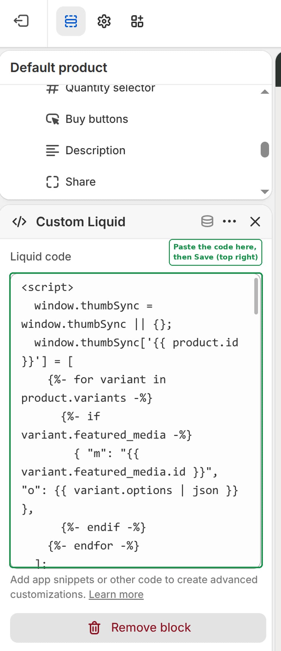The Custom Liquid block settings panel with the code pasted into the Liquid code box
