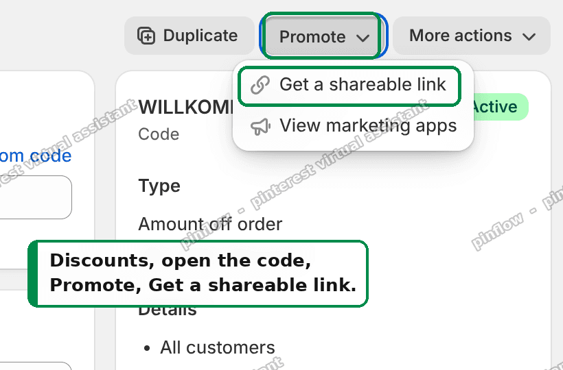 Shopify Discounts, open the code, then Promote, then Get a shareable link