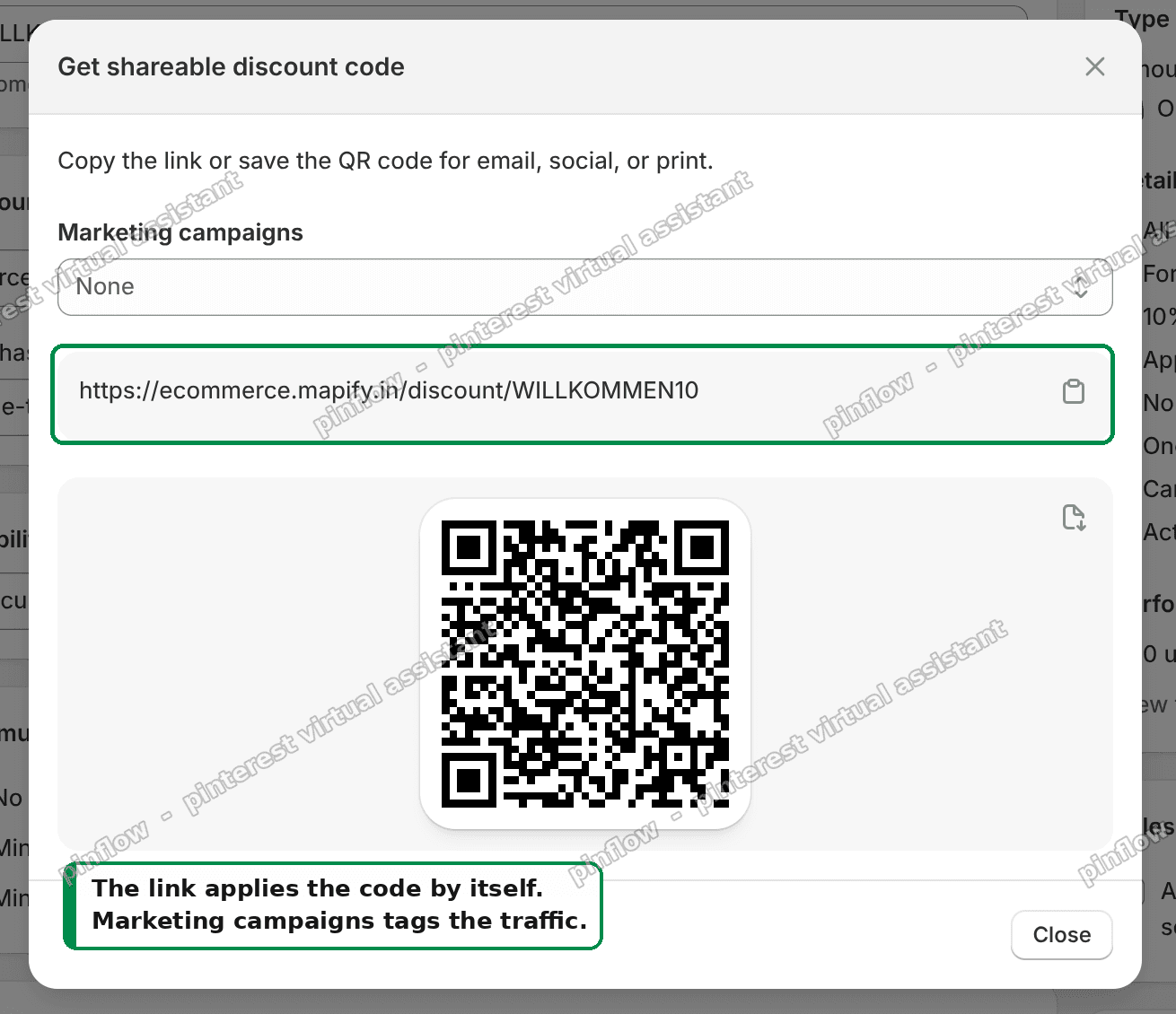 The shareable discount link, a QR code, and the Marketing campaigns dropdown