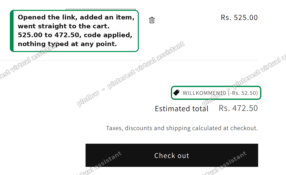 Cart with the discount code applied, total dropped from 525.00 to 472.50, nothing typed
