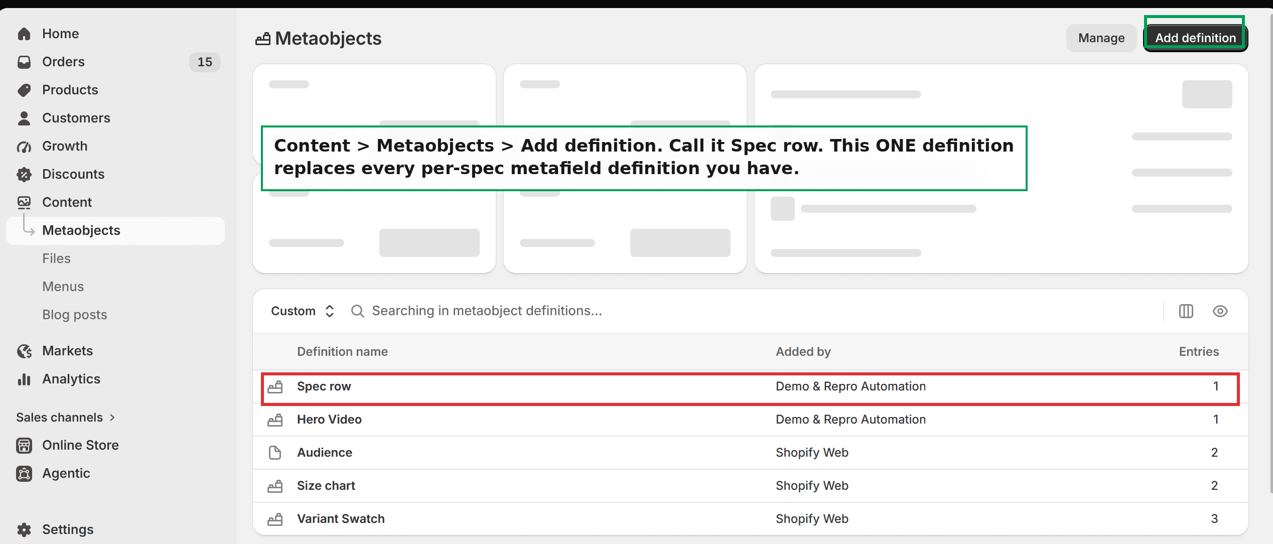 Content, Metaobjects, Add definition in the Shopify admin