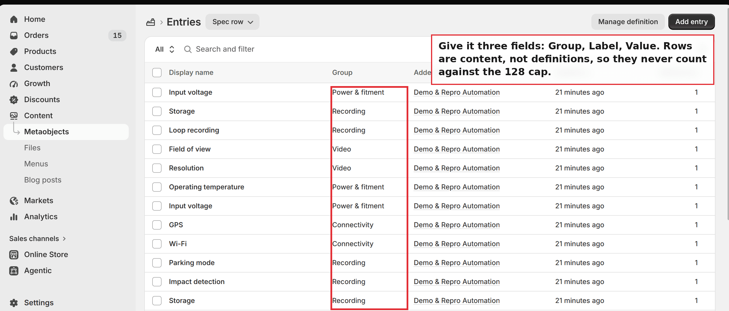 Spec row entries in the Shopify admin, showing the Group column