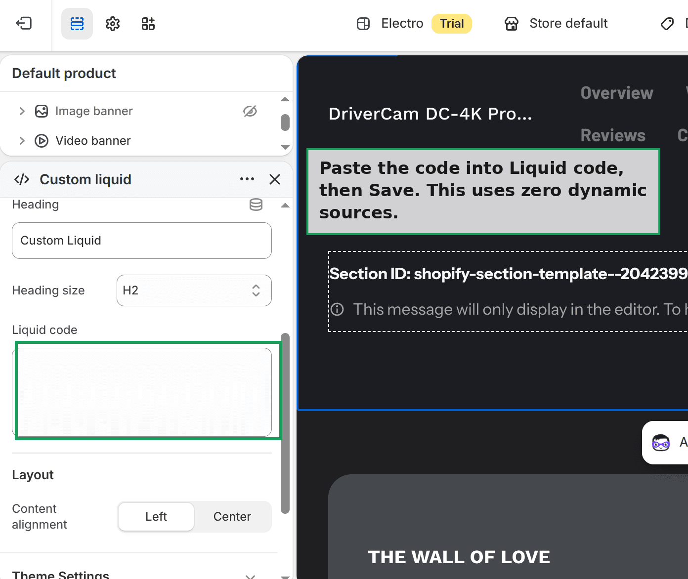 The Liquid code box in the Shopify theme editor, ready to paste into