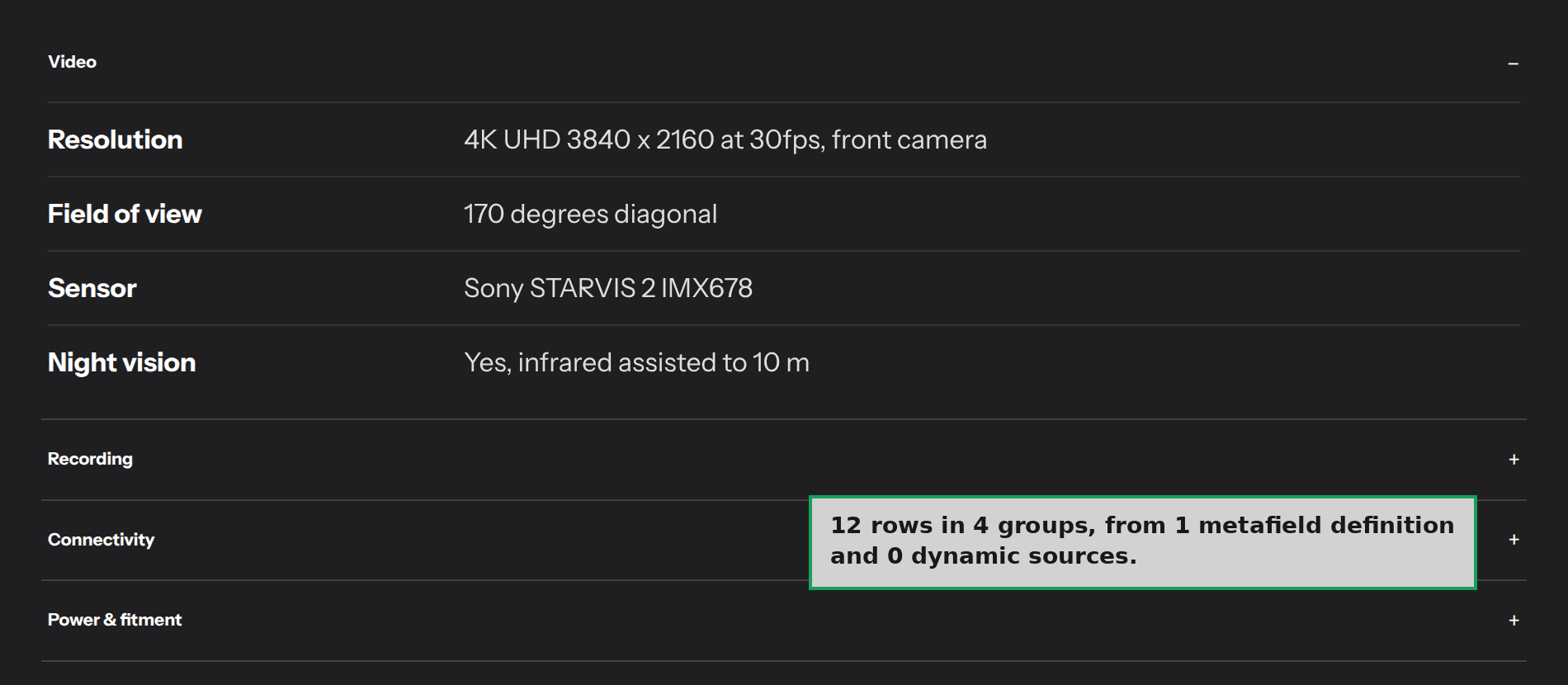 A grouped spec sheet on a Shopify product page