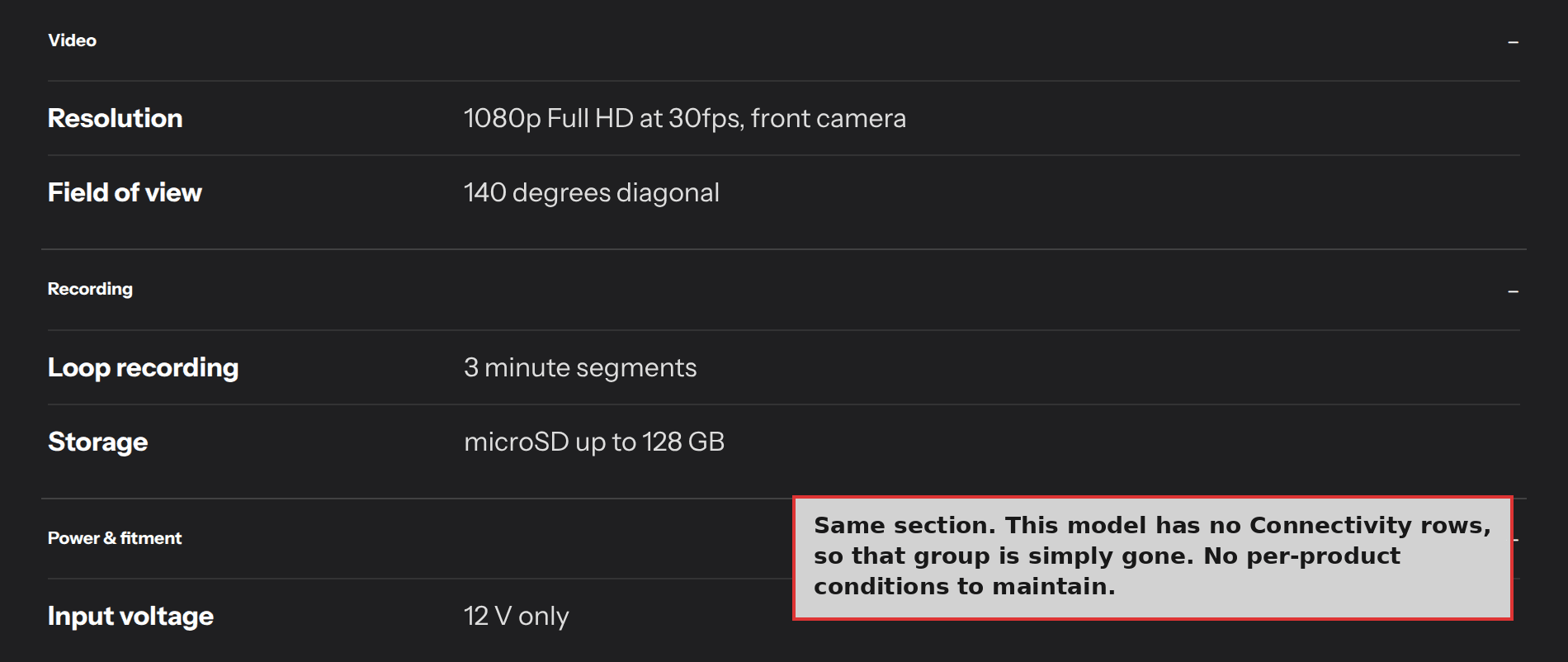 The same spec section on a product with no Connectivity rows, so that group is absent