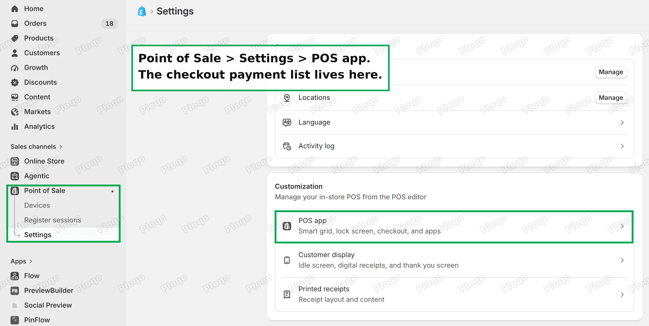 Shopify Point of Sale settings page with the Customization section and the POS app row highlighted
