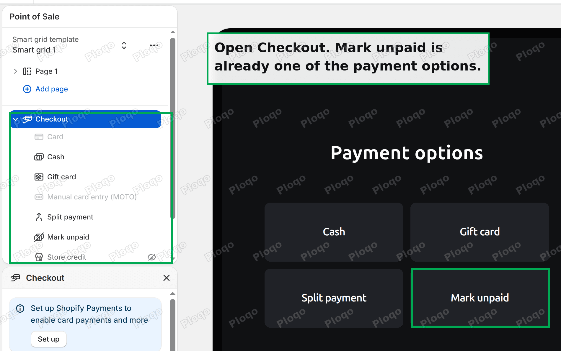 The POS editor with Checkout expanded, showing Mark unpaid in the payment option list and as a tile on the payment options preview