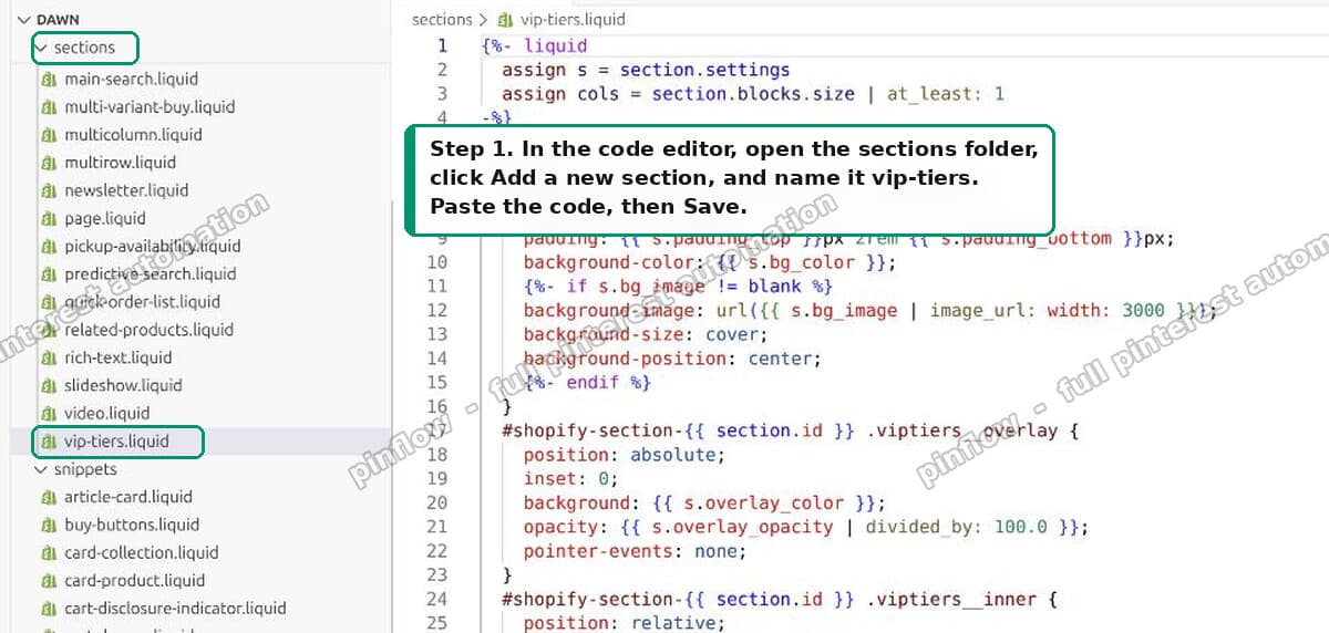 Shopify theme code editor showing the new file inside the sections folder