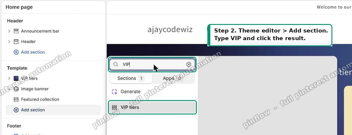 Theme editor Add section picker with the new custom section in the results