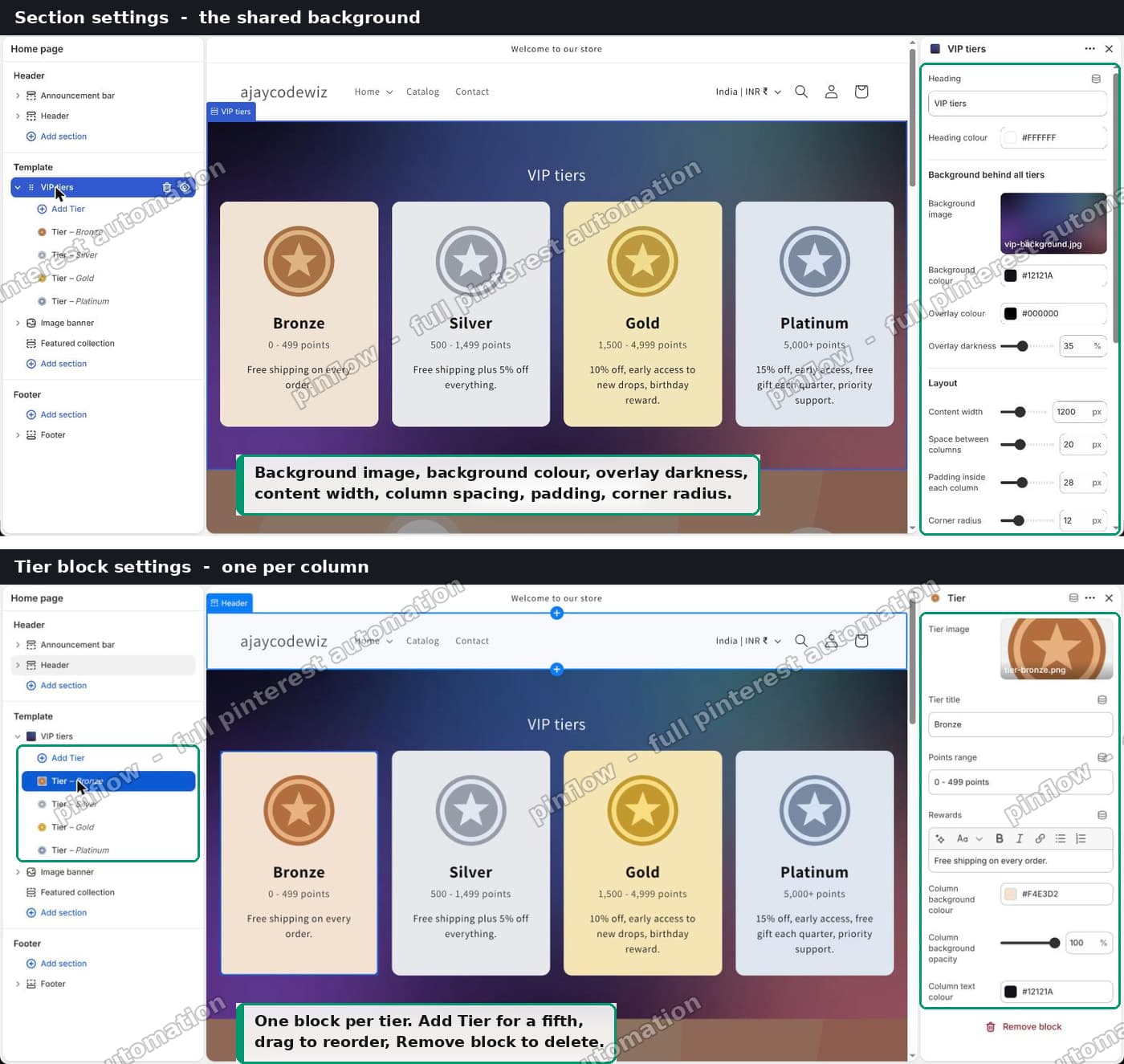 Theme editor showing the section settings and one block's settings