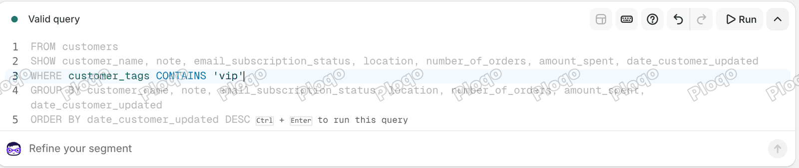 The Shopify segment query editor showing FROM customers, a SHOW clause, and WHERE customer_tags CONTAINS vip, with the status reading Valid query