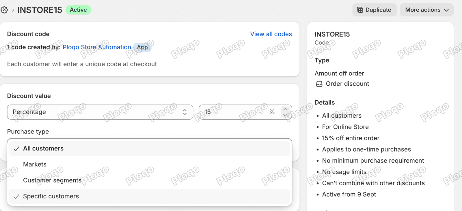 The Eligibility dropdown on a Shopify discount showing four options, All customers, Markets, Customer segments and Specific customers