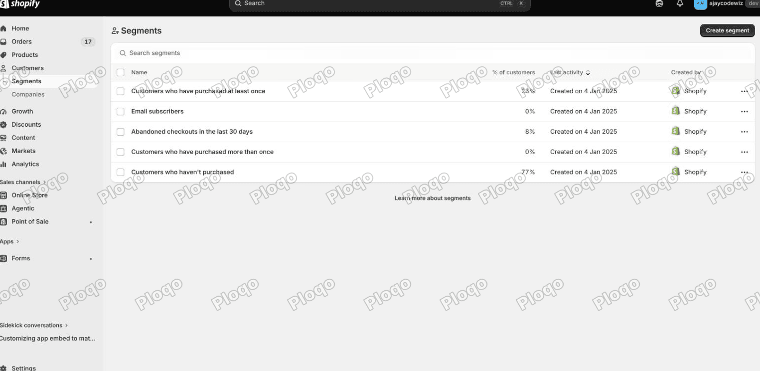 The Segments page under Customers in the Shopify admin, listing saved segments with the Create segment button top right