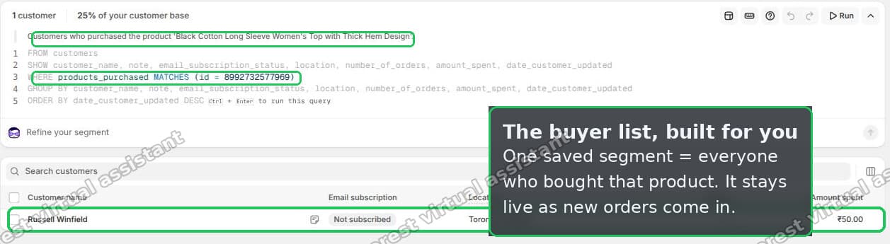 The saved segment lists everyone who bought that product