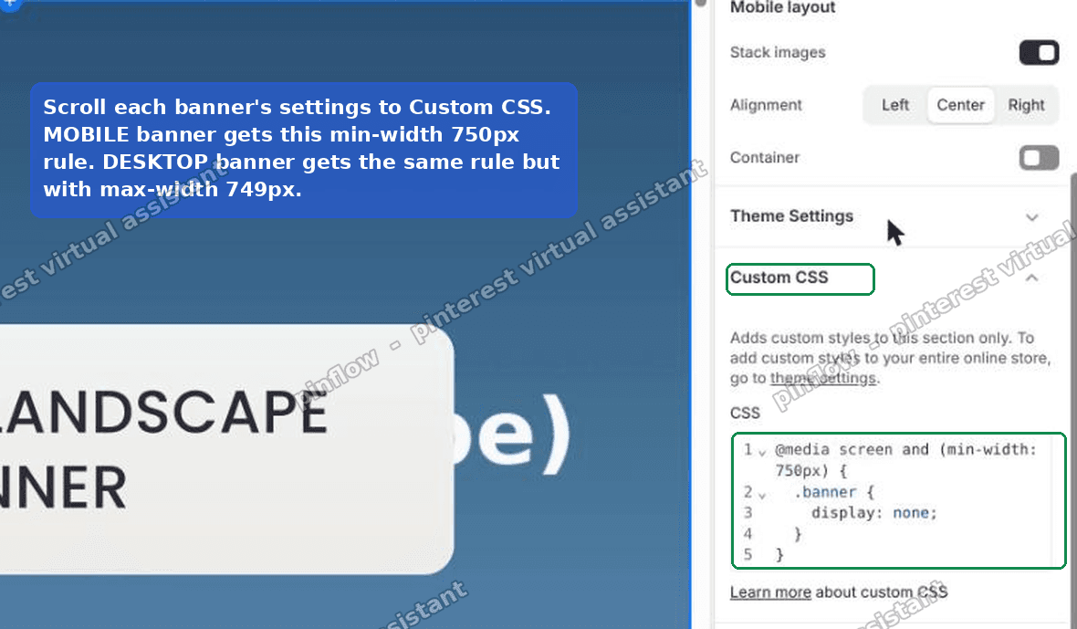 The Custom CSS box on a Sense Image banner with the media query hide rule pasted in