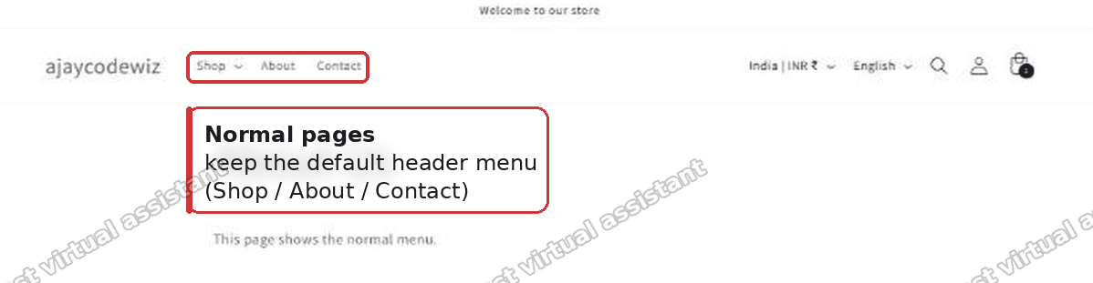 A normal Shopify page in Dawn showing the default header menu