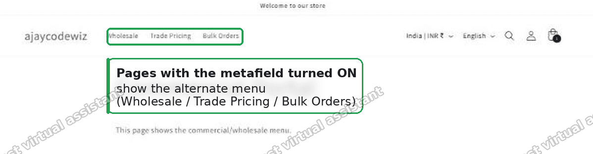 A Shopify page with the metafield turned on showing an alternate wholesale menu