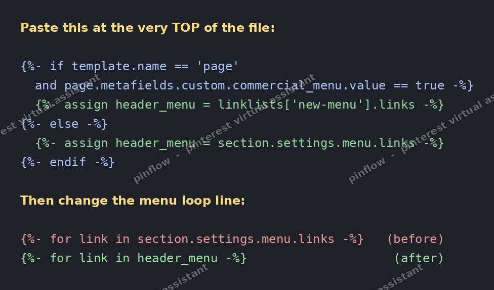 The Liquid code to paste at the top of each header file, and the one line to change