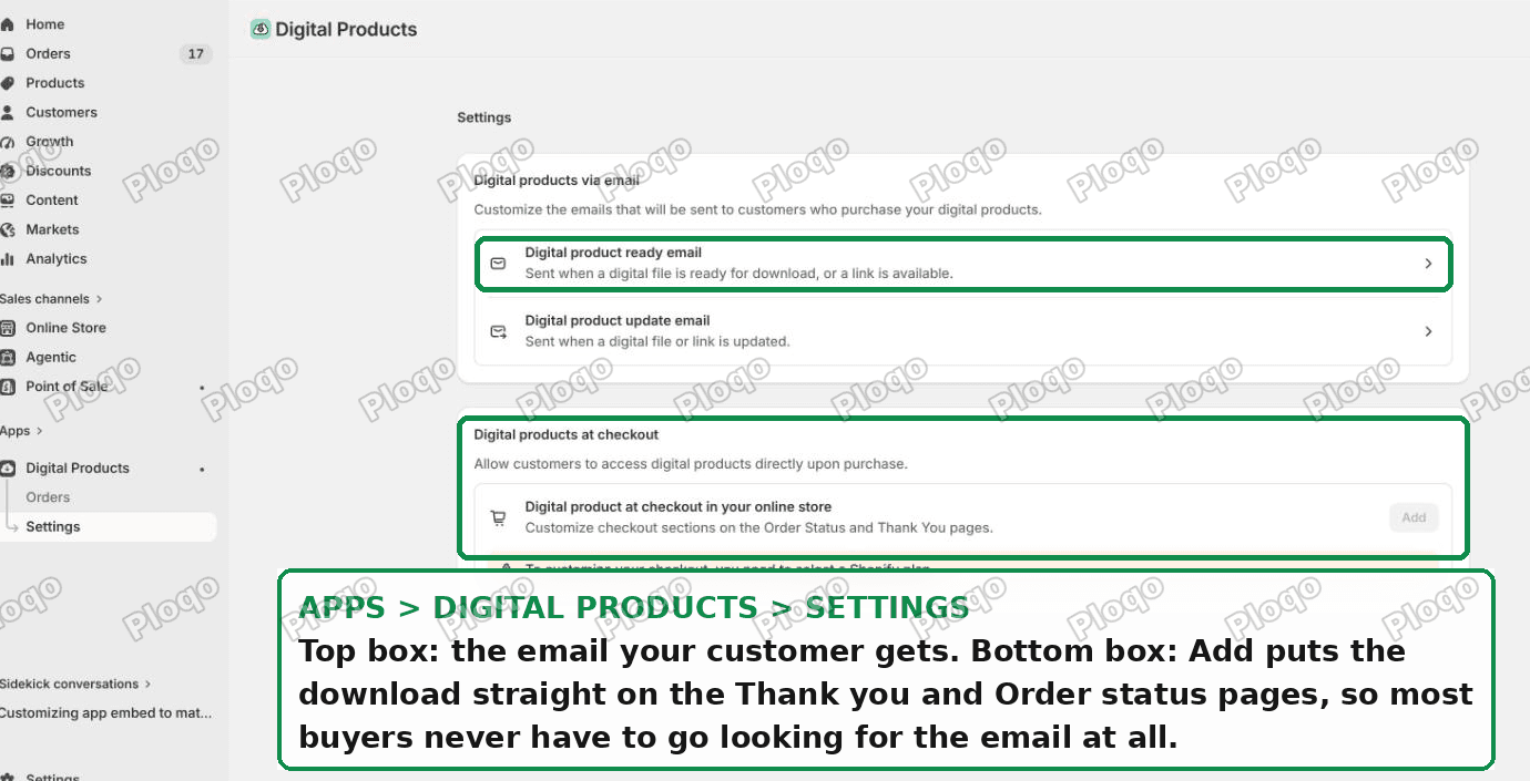 Digital Products app settings, showing the email templates and the checkout download block