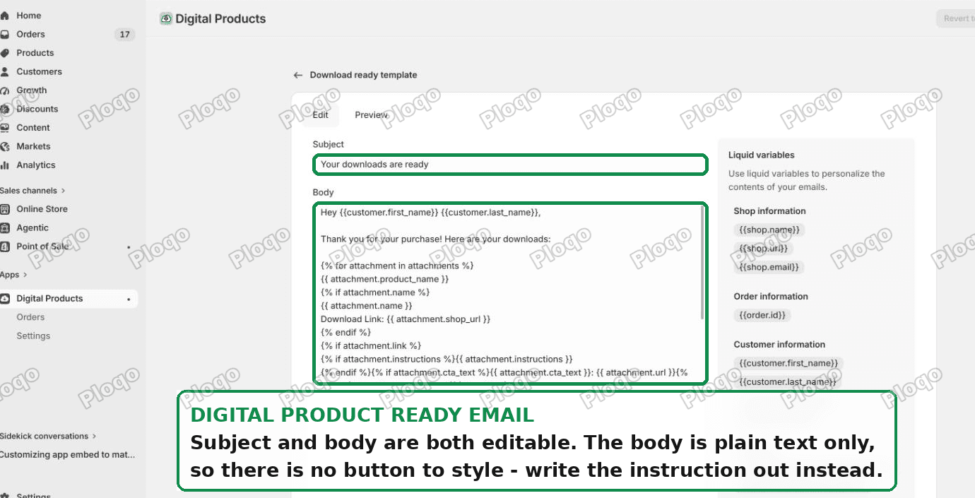 The Download ready email template, with subject and body fields