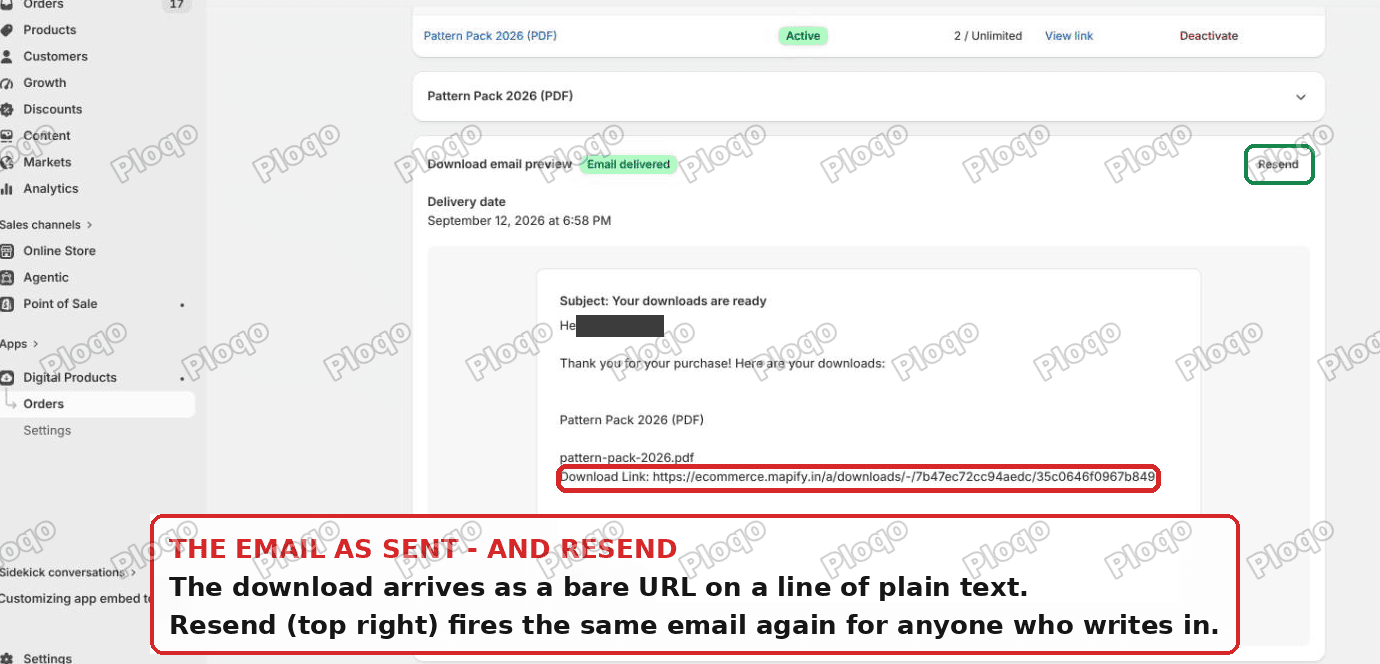 The download email exactly as the customer receives it, with the Resend button in the app