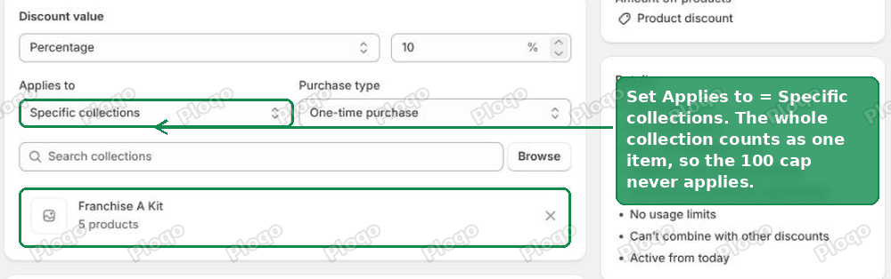 A Shopify code discount with Applies to set to Specific collections and the Franchise A Kit collection selected