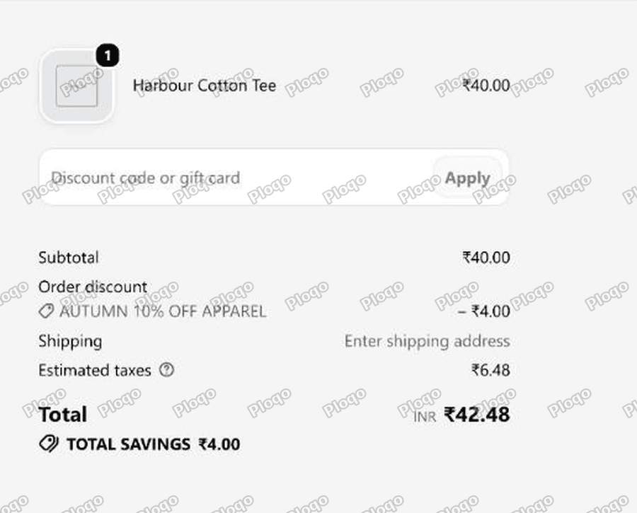 Shopify checkout showing an automatic 10 percent discount taking 4 off a 40 cotton tee, with total savings of 4