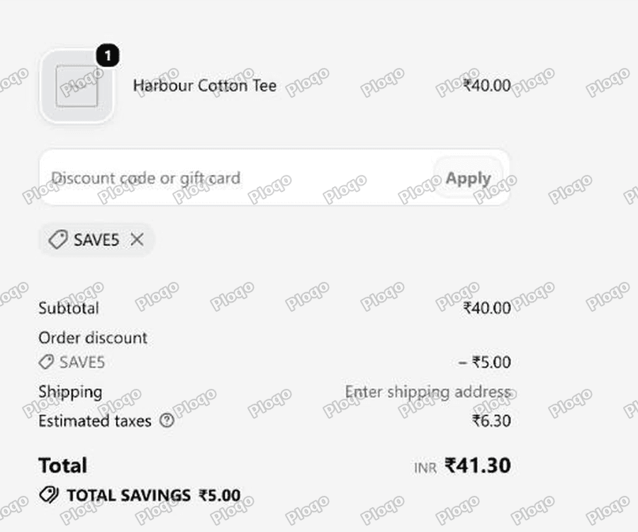 The same checkout after applying the SAVE5 code, showing only the 5 off and no sign of the automatic discount