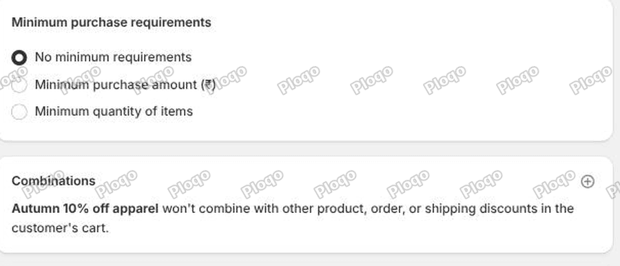The Combinations card on a Shopify discount, reading that the discount will not combine with other product, order or shipping discounts