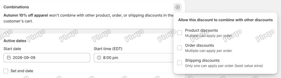 The Combinations popover open, showing checkboxes for Product discounts, Order discounts and Shipping discounts