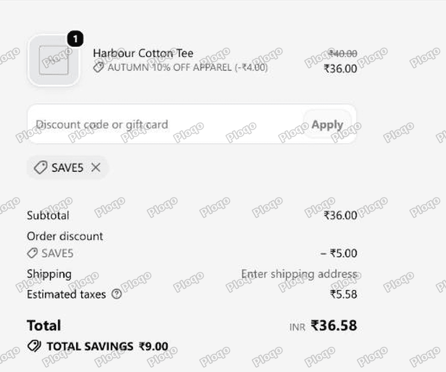 Checkout showing the tee reduced from 40 to 36 by the automatic discount and a further 5 off by SAVE5, with total savings of 9