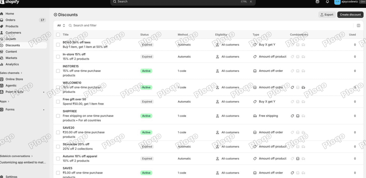 The Shopify Discounts list with a Combinations column, showing which discounts are set to combine with product, order and shipping discounts