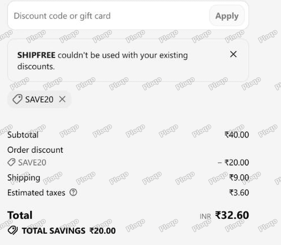 Checkout showing the message that SHIPFREE could not be used with your existing discounts