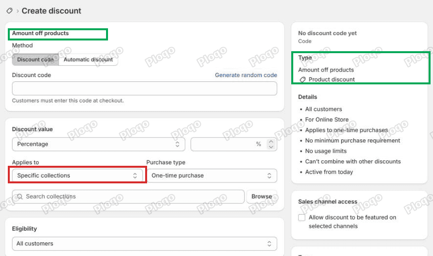 The Create discount screen for Amount off products, with the Type panel naming it a product discount