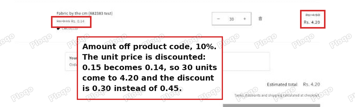Cart with an Amount off products code: the unit price itself drops from 0.15 to 0.14