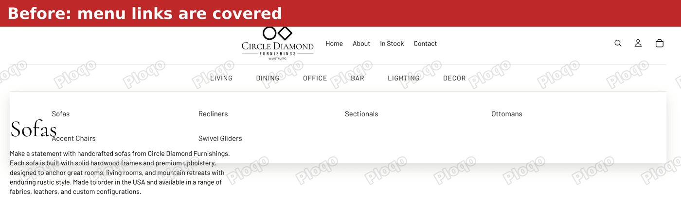 Before: the Sofas page heading sits on top of the Living menu links