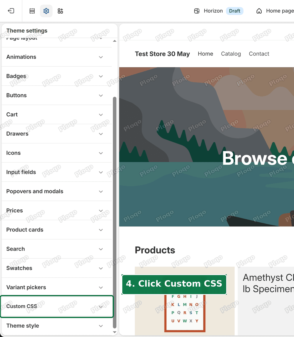 Scroll down and click Custom CSS in the Theme settings list