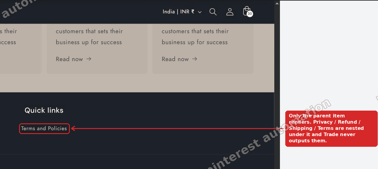 The storefront footer showing only the parent link, with the four policy links missing