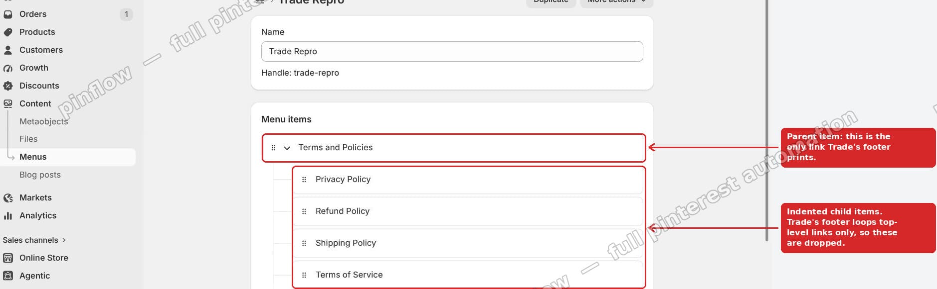 The menu showing Privacy, Refund, Shipping and Terms nested under a Terms and Policies parent