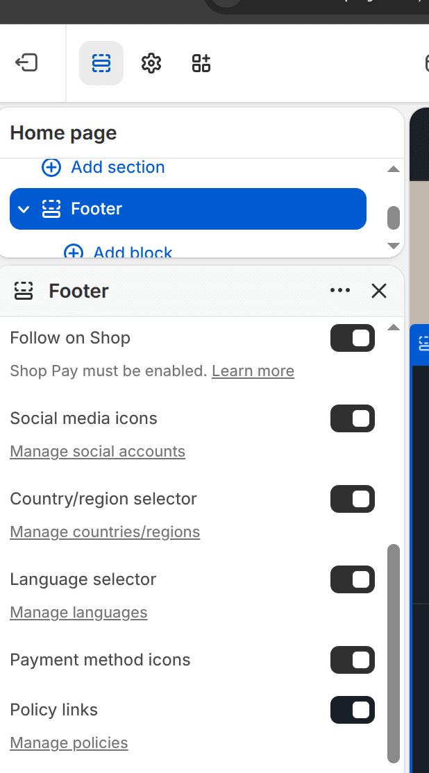 The Policy links toggle in the theme editor footer settings