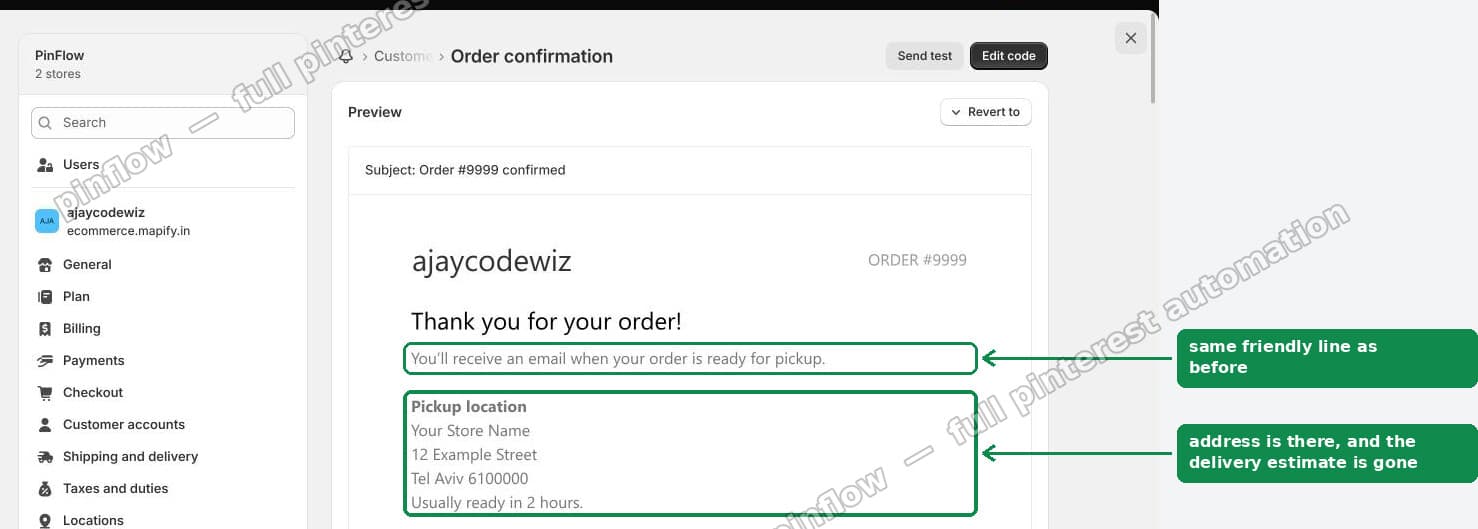 The same email with the pickup address showing and the delivery estimate gone