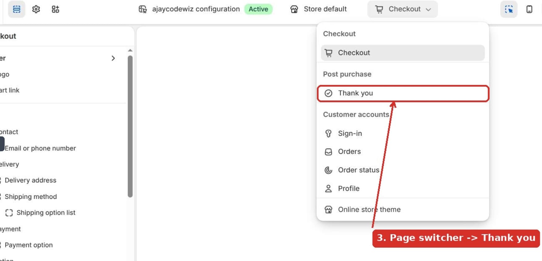 The page switcher dropdown with Thank you under Post purchase