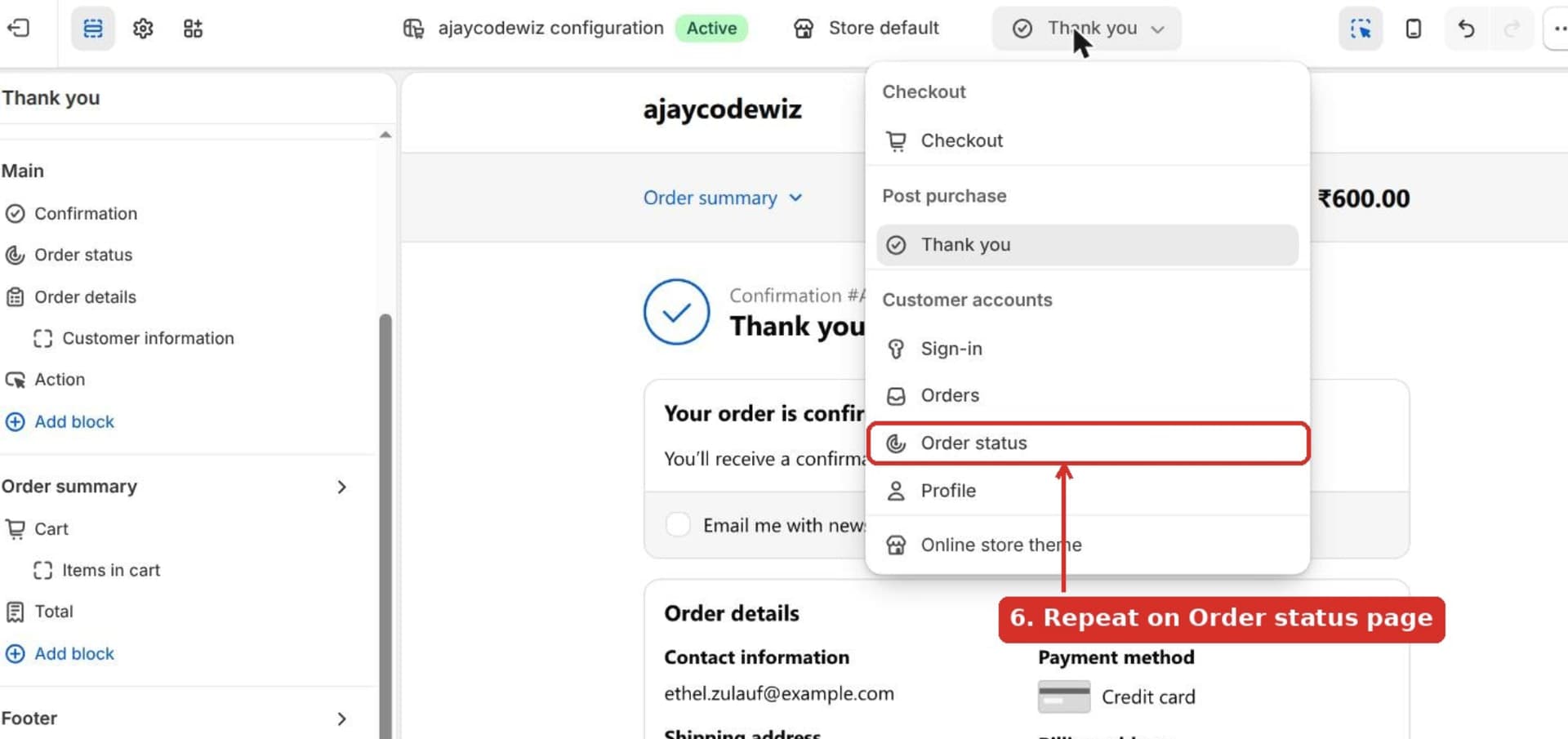 The page switcher, choosing Order status to repeat the deletion