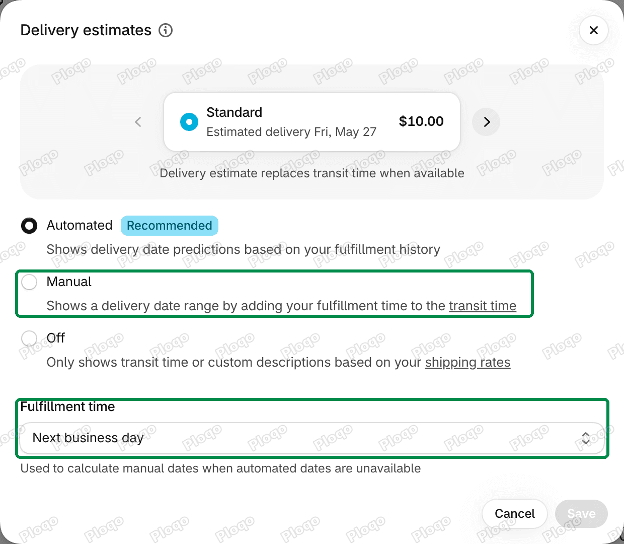 Shopify Delivery estimates settings with the Manual option and the Fulfillment time box marked