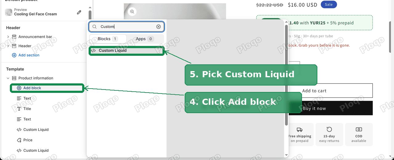 Theme editor Add block menu with Custom Liquid selected under Product information