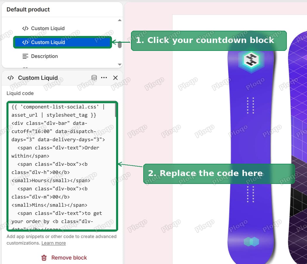 Countdown Custom Liquid block selected in the Dawn theme editor with the code pasted
