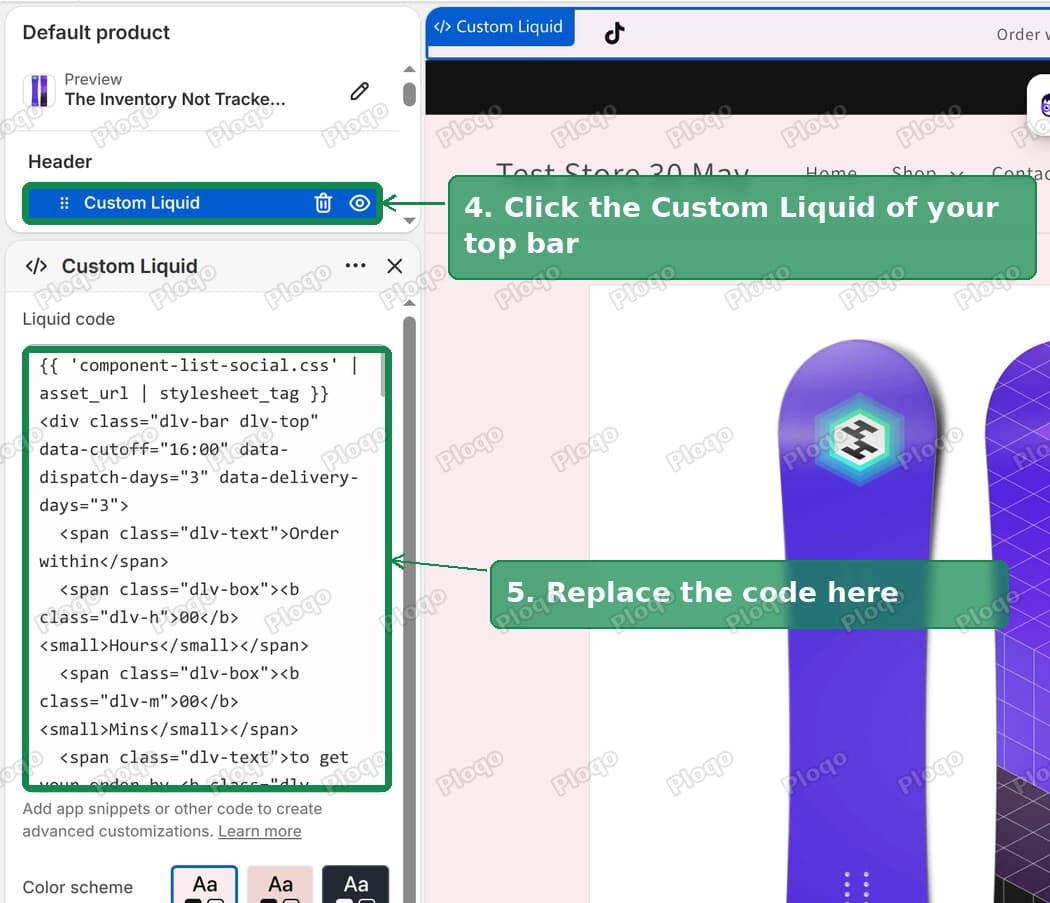 Custom Liquid section under Header with the top bar version of the code