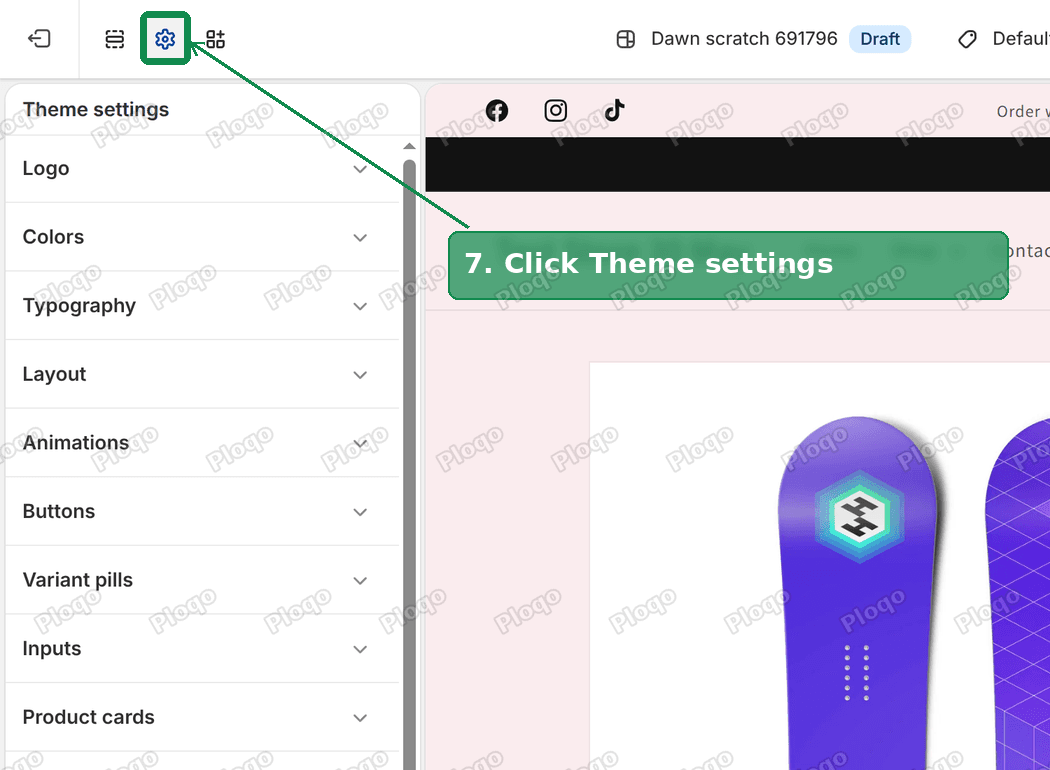Theme editor with the Theme settings gear icon marked