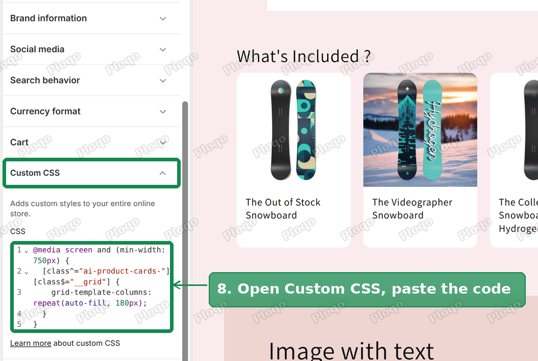 Theme settings Custom CSS box with the card size rule and smaller cards in the preview