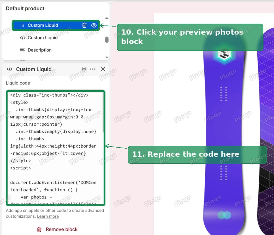 Preview photos Custom Liquid block under Product information with the code pasted